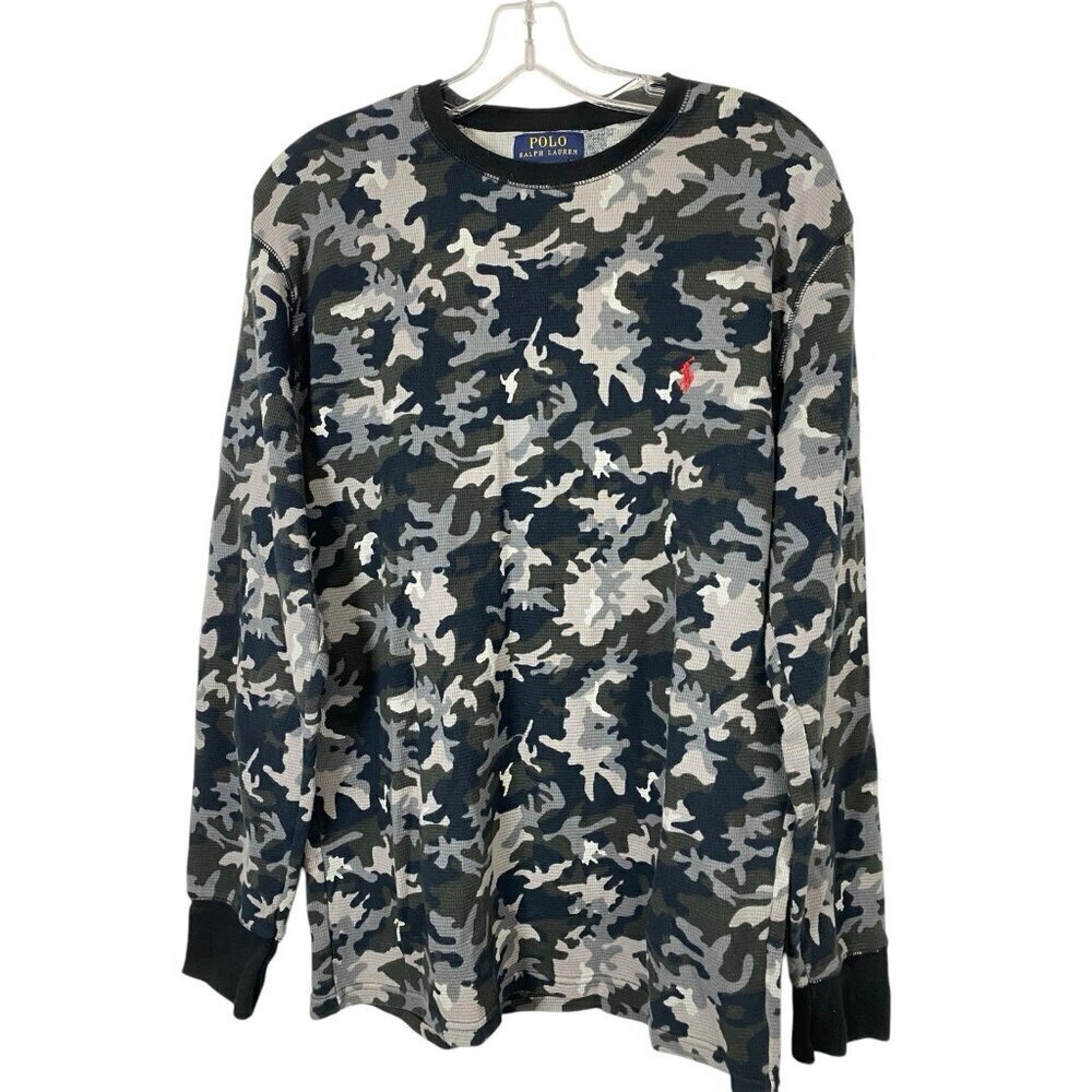 Polo Ralph Lauren Black Grey Camo Long Sleeve Tee Size Large Cotton Waffle Knit
